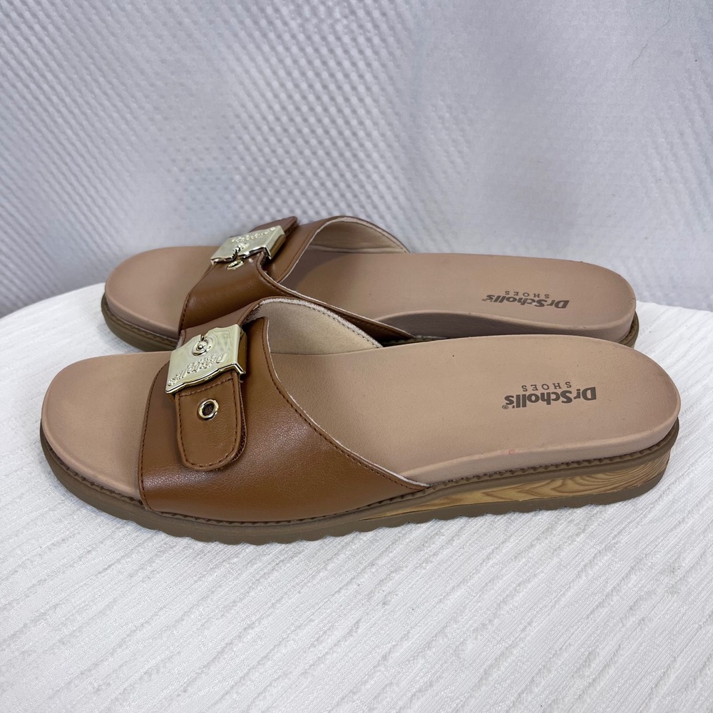 NWOT: Dr. Scholl's 8.5M Island Icon Sandals Slides‎ Brown Gold Buckle (581 cl)